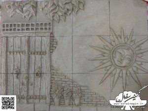 طرح درب قدیمی و خورشید سفال برجسته , سفال